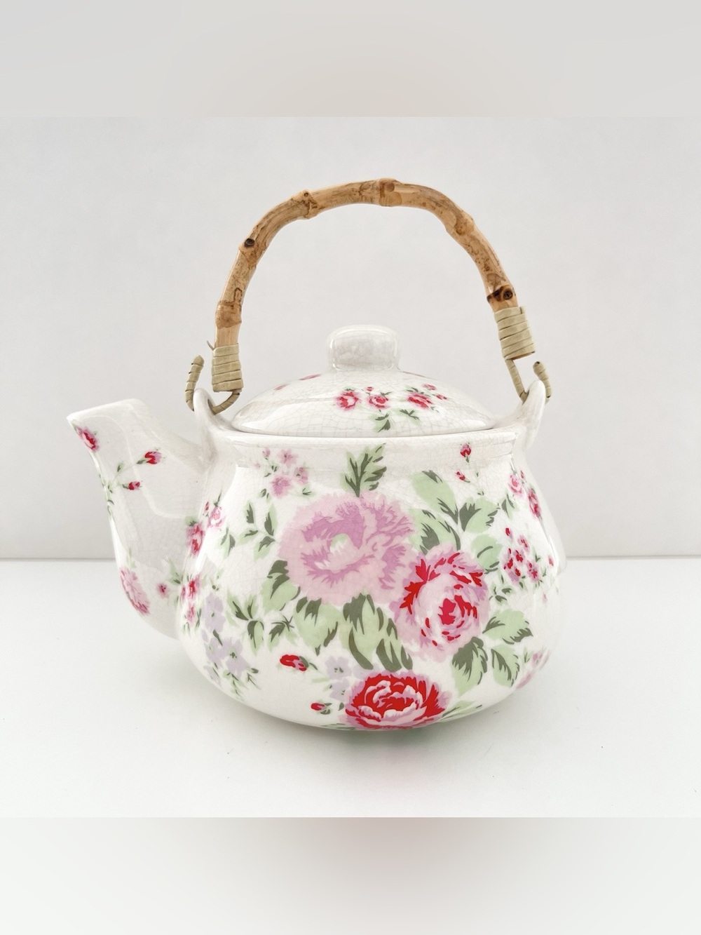 Vintage Decorative Ceramic Teapot Pink Floral Wood Handle Cottagecore Grandma